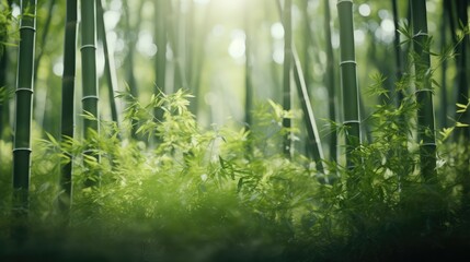 Green bamboo forest with soft sunlight. AI generated.