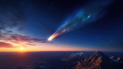 Fototapeta premium Bright meteor falling landscape. AI generated.