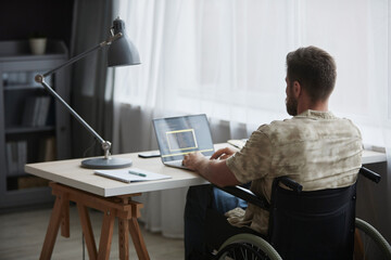 Back view of man using wheelchair working with computer and writing code at home office workplace, copy space