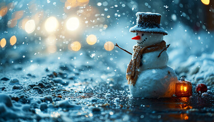 Snow fall and snowman. This delightful animation features a charming snowman in a festive winter wonderland. Snowflakes gently fall from the sky, creating a serene and magical atmosphere.