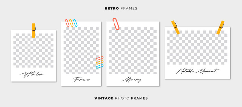 Polaroid Photo Frames Cartoon Collection. Retro Colorful Photo Mockups with Media Placeholders and Texts. Vintage Frame Cards. Vector Illustrations.

