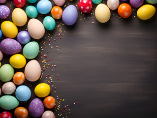 Fototapeta na wymiar Abstract background with easter eggs and wooden table with copy space 