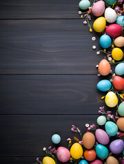 Top view of colorful easter eggs on wooden table with copy space 