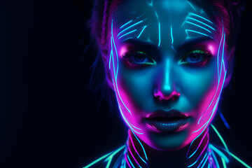 Fashion Surreal Concept. Closeup portrait of stunning girl portrait with abstract, graphic highlighters rainbow ultra-bright neon lines . dynamic dramatic composition, advertisement, copy space	
