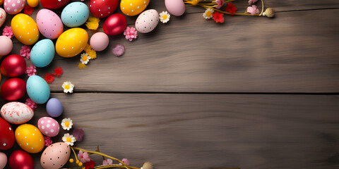 Top view of colorful easter eggs on wooden table with copy space 