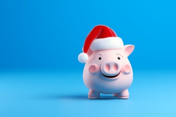 Pink piggy bank with red Santa Claus hat, on blue background, with copy-space