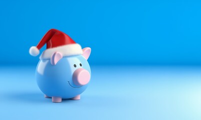  Blue piggy bank with red Santa Claus hat, on blue background. Banner with copy-space