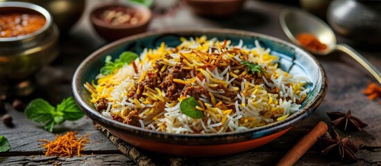Minced meat biryani - Basmati rice, aromatic spices, selective focus