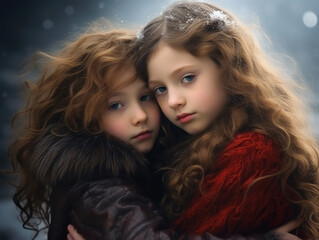 Two little beautiful girls hug each other
