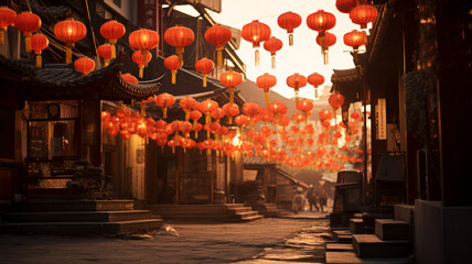 Traditional red lanterns hanging in an old Asian street at sunset, creating a warm, festive...