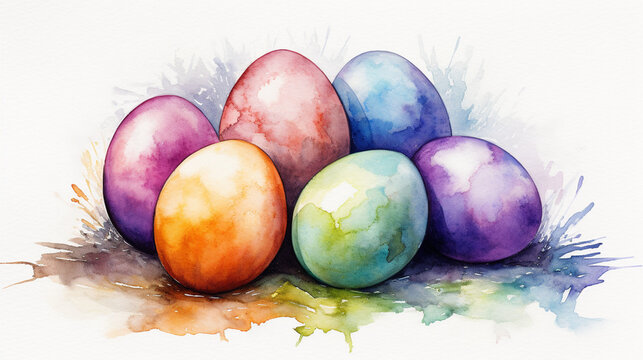 Colorful Easter eggs in watercolor style and minimalism on white background