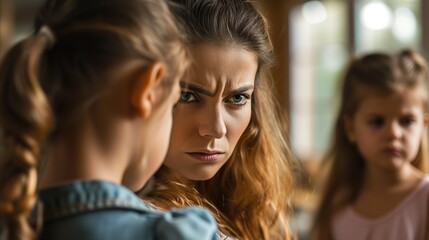 Angry female parent near her little daughters - obrazy, fototapety, plakaty