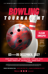 Bowling tournament poster template with ball, sweep and sample text in separate layer - vector illustration - obrazy, fototapety, plakaty