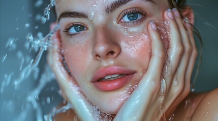 Young woman holding her face while taking a shower - obrazy, fototapety, plakaty