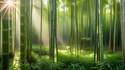 A lush bamboo forest with sunlight streaming through the dense canopy, creating patterns on the...