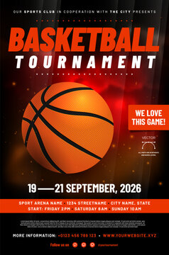 Basketball tournament poster template with ball and sample text in separate layer - vector illustration