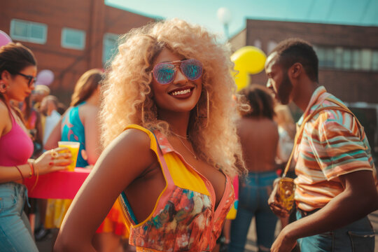 Community Festivities: 90s Block Party BBQ - A Snapshot of Neighborhood Togetherness with Barbecue, Street Games, and Socializing, Infused with Colorful Fashion and the Spirited Atmosphere of the Era.