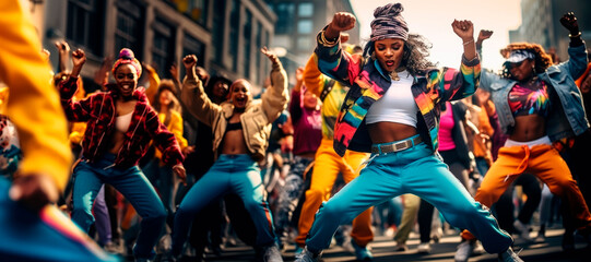 Fototapeta na wymiar Urban Beats of the 90s: Hip-Hop Dance Group in Expressive Movements and Street Fashion, Channeling the Authentic Groove and Style Inspired by the Vibrant Hip-Hop Culture of the Era.