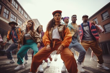 Urban Beats of the 90s: Hip-Hop Dance Group in Expressive Movements and Street Fashion, Channeling...