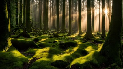 Sunlight filtering through the dense foliage of an ancient forest, creating a play of shadows on the moss-covered ground.
 - obrazy, fototapety, plakaty