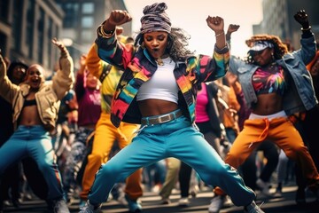Fototapeta na wymiar Urban Beats of the 90s: Hip-Hop Dance Group in Expressive Movements and Street Fashion, Channeling the Authentic Groove and Style Inspired by the Vibrant Hip-Hop Culture of the Era.