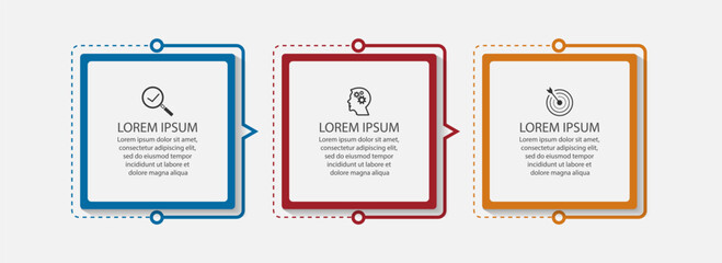 business infographic design with 3 parts or steps, there are icons, text and numbers, square design with interconnected color lines, for workflow diagrams, banners and your business
