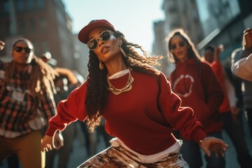 Urban Beats of the 90s: Hip-Hop Dance Group in Expressive Movements and Street Fashion, Channeling the Authentic Groove and Style Inspired by the Vibrant Hip-Hop Culture of the Era.




 - obrazy, fototapety, plakaty
