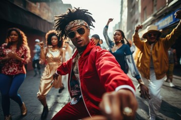 Urban Beats of the 90s: Hip-Hop Dance Group in Expressive Movements and Street Fashion, Channeling the Authentic Groove and Style Inspired by the Vibrant Hip-Hop Culture of the Era.




