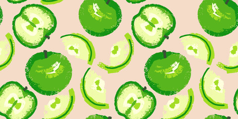 Abstract seamless pattern with green apples and apple slices. Stylized, creative vector hand drawn fruits. Summer fruits light background. Apples textured print. - obrazy, fototapety, plakaty