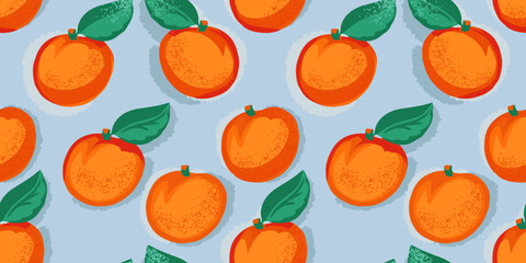 Seamless pattern with hand drawn colorful orange apricot or peach on a blue back. Abstract, stylized, vibrant fruits in a vector. Summer background print. Template for design