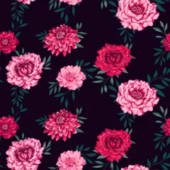 Deurstickers Seamless artistic pattern with flowers peonies, dahlias with leaves. Colorful red, pink floral on a dark black background printing. Vector hand drawn. Template for textile, fashion, fabric, wallpaper © incarnadine