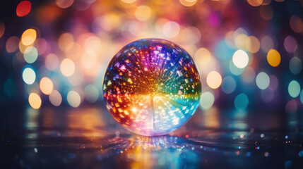 Unreal disco ball, psychedelic lights in background - obrazy, fototapety, plakaty