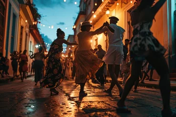 Foto op Aluminium Street Salsa Fiesta: In the heart of Havana, a group of salsa dancers transforms the colorful streets into a lively celebration, captivating passersby with infectious rhythms and a truly festive atmos © Mr. Bolota