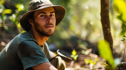 A man wearing a bush hat is squatting in the forest, looking thoughtfully into the distance. - obrazy, fototapety, plakaty