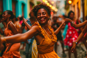 Street Salsa Fiesta: In the heart of Havana, a group of salsa dancers transforms the colorful streets into a lively celebration, captivating passersby with infectious rhythms and a truly festive atmos - obrazy, fototapety, plakaty