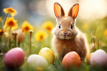 Happy easter bunny. Baby rabbit with colorful easter eggs and spring flowers in forest. Generative ai.