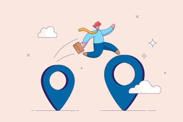 New location concept. Business relocation, move office to new address or transfer, businessman company owner jumping from map navigation pin to new one metaphor of relocation.