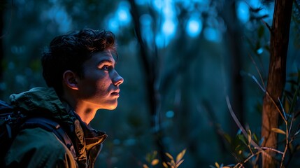 Introspective young man with curly hair looks ahead, illuminated by blue evening light in a dark forest.