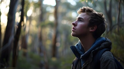 A reflective young man looks upward amidst the tranquil woods, lost in thought during golden hour.