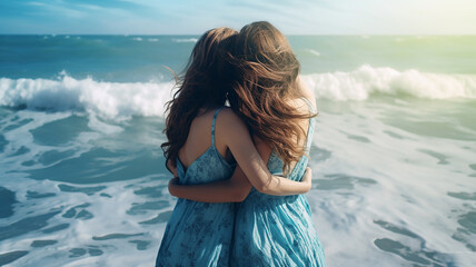 Two young beautiful happy women hug each other against the background of the blue sea