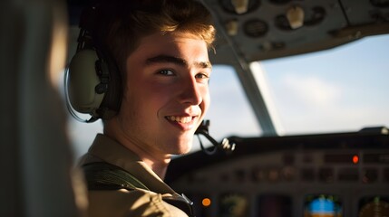 Smiling young pilot with headset enjoys the controls of an aircraft, basking in golden light. - Powered by Adobe