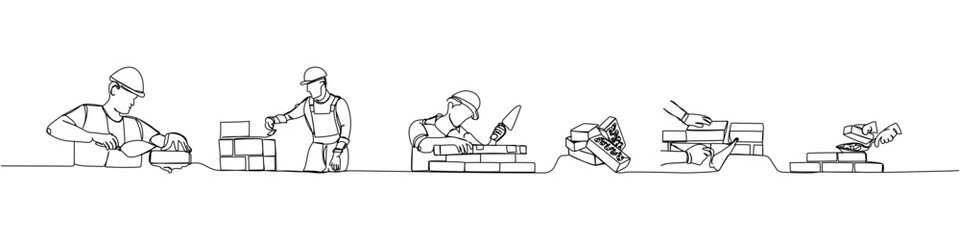 Set of bricklaying, building, building walls one line art. Continuous line drawing of repair, professional, hand, people, concept, support, maintenance.