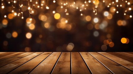 Wood table background, Hyper realistic, wooden table in a coffee shop with beautiful fairy lights, Mockup, Portrait mode, Wallpapers, Holidays, New year, Generative Ai