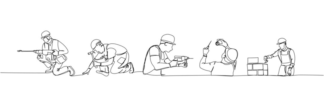 Set of builder with screwdriver in a work uniform, electrician, handyman, hard hat one line art. Continuous line drawing of repair, professional, hand, people, concept, support, maintenance.