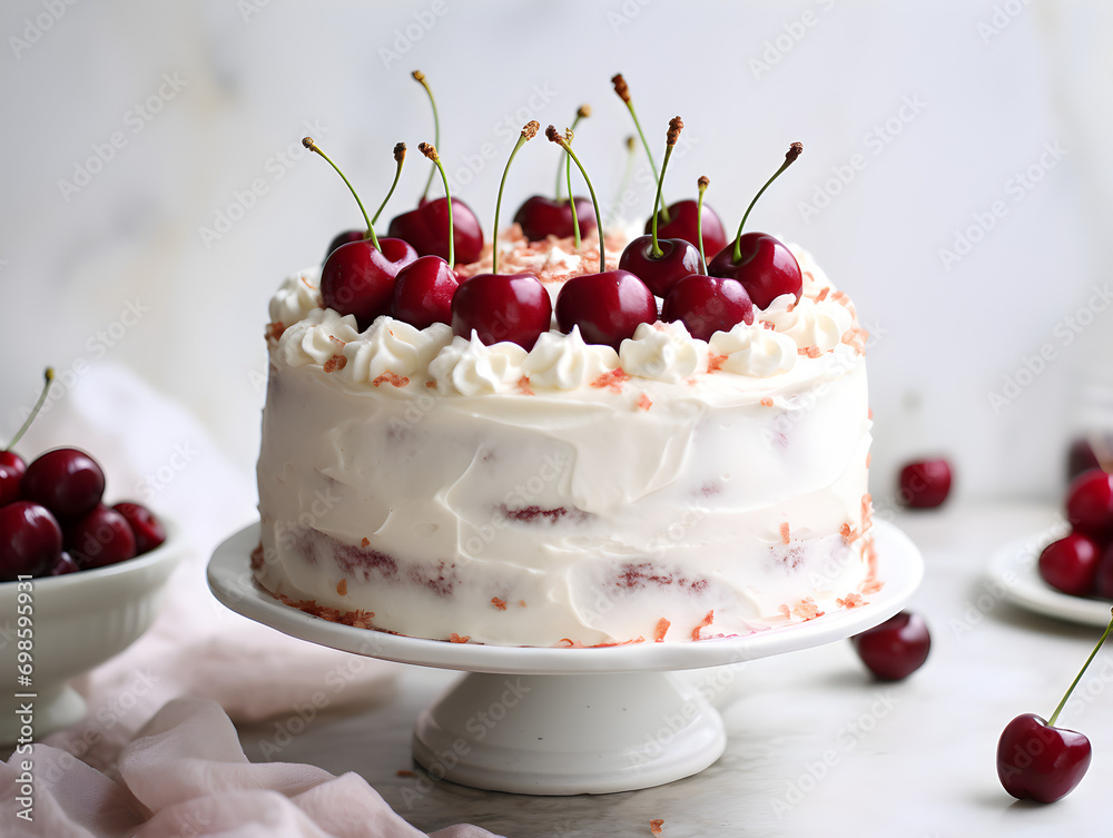 Wall mural delicious cake with vanilla buttercream frosting and fresh cherries on top, white table and blurry b