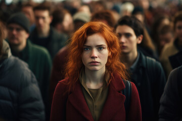 Fototapeta premium Women's loneliness in society, depression, burnout. Lonely sad unhappy woman standing in a crowd of people, rush hour