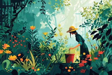 A person gardening in a lush, green garden, contemporary digital art with a flat design aesthetic, with bold color contrasts, simplified shapes, and clean lines