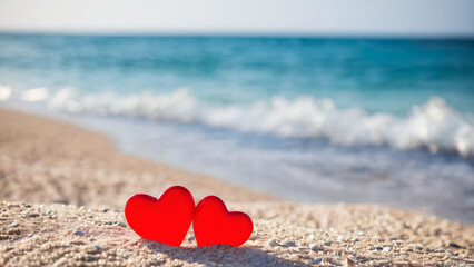 Fototapeta premium Hearts on the background of the sea, beautiful view, Valentine's day card, background