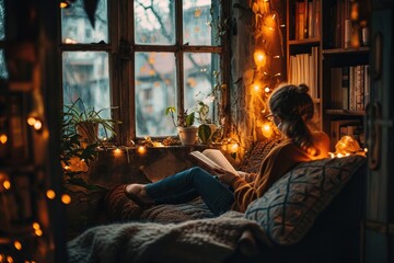 Fototapeta na wymiar A person reading a book in a cozy nook, hygge style with warm lighting and comfortable surroundings
