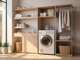 Washing machine in a minimal laundry room interior design